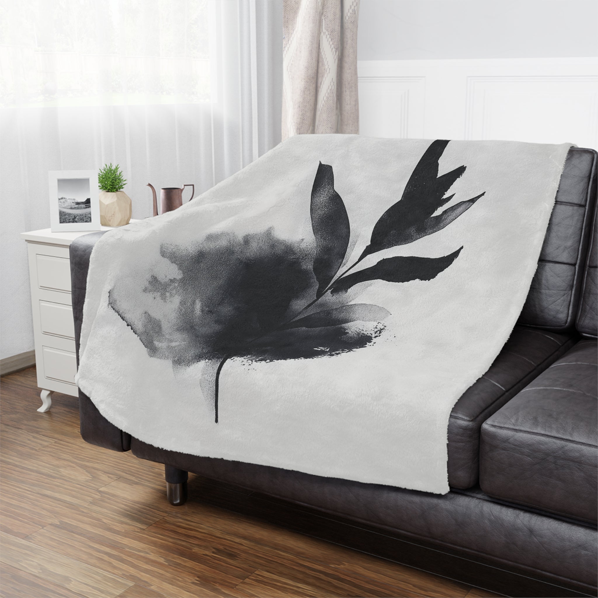 Elegant Black Leaf Minky Blanket