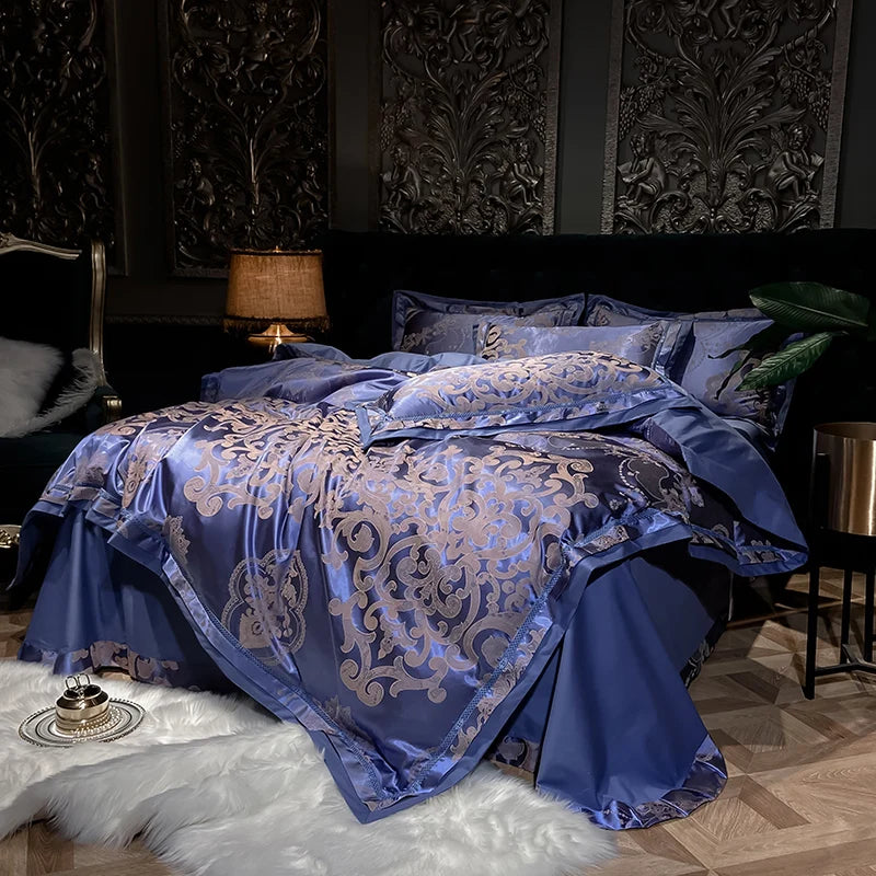 Luxury Satin Jacquard Cotton Bedding Set – Blue/Gold/Gray, Queen/King Size