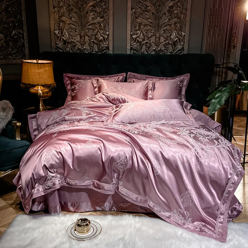 Luxury Satin Jacquard Cotton Bedding Set – Blue/Gold/Gray, Queen/King Size