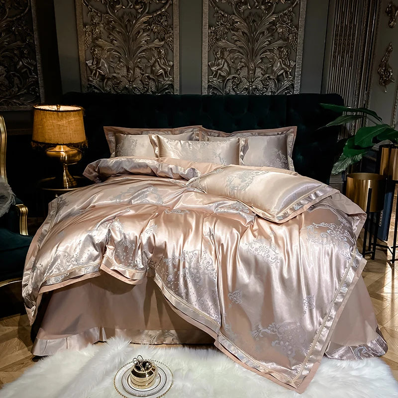 Luxury Satin Jacquard Cotton Bedding Set – Blue/Gold/Gray, Queen/King Size