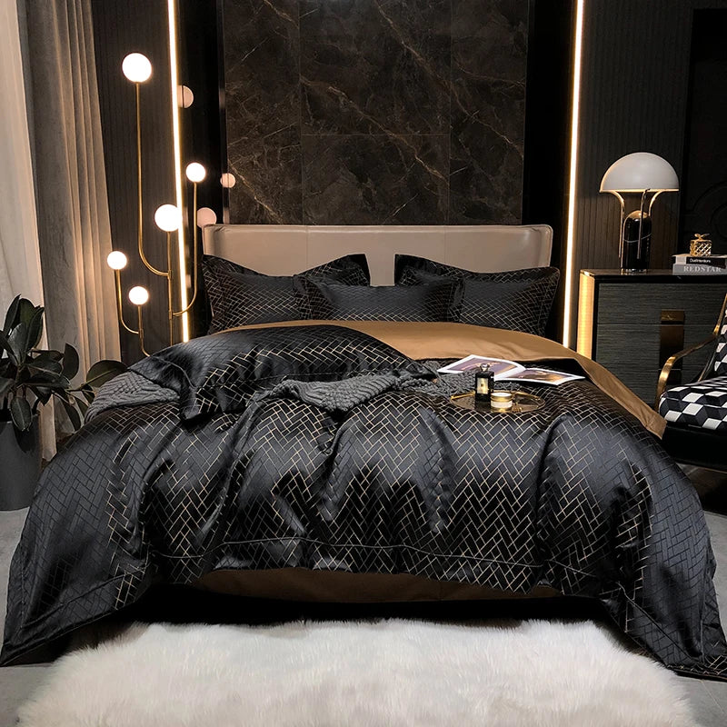 New Luxury Black & Gold Yarn-Dyed Jacquard Bedding Set – Egyptian Cotton, 4 Pieces
