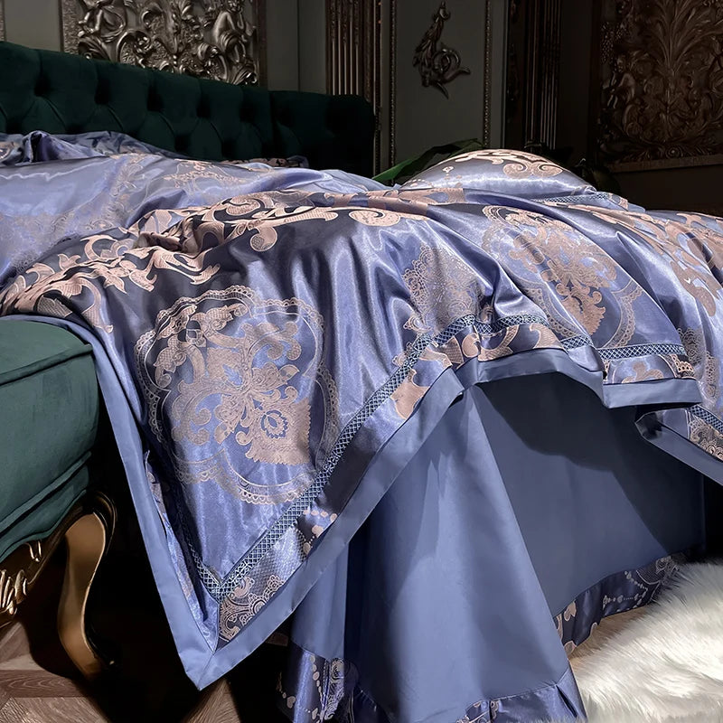 Luxury Satin Jacquard Cotton Bedding Set – Blue/Gold/Gray, Queen/King Size