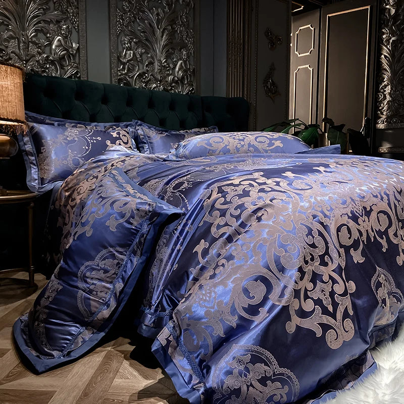 Luxury Satin Jacquard Cotton Bedding Set – Blue/Gold/Gray, Queen/King Size