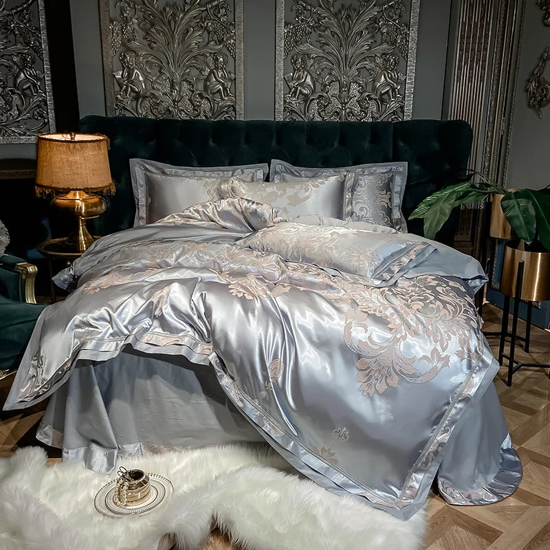 Luxury Satin Jacquard Cotton Bedding Set – Blue/Gold/Gray, Queen/King Size