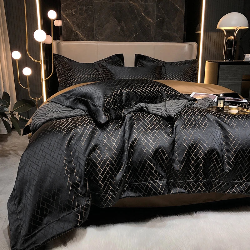 New Luxury Black & Gold Yarn-Dyed Jacquard Bedding Set – Egyptian Cotton, 4 Pieces