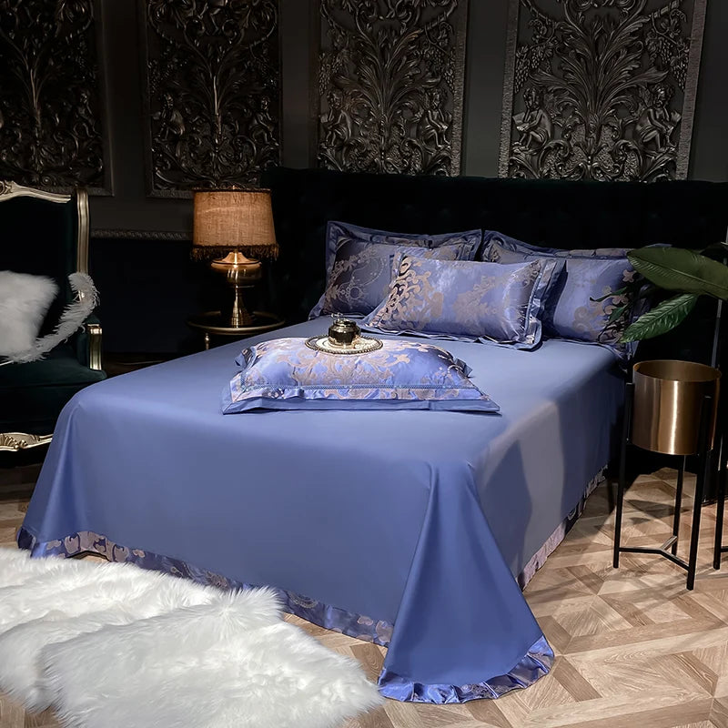 Luxury Satin Jacquard Cotton Bedding Set – Blue/Gold/Gray, Queen/King Size