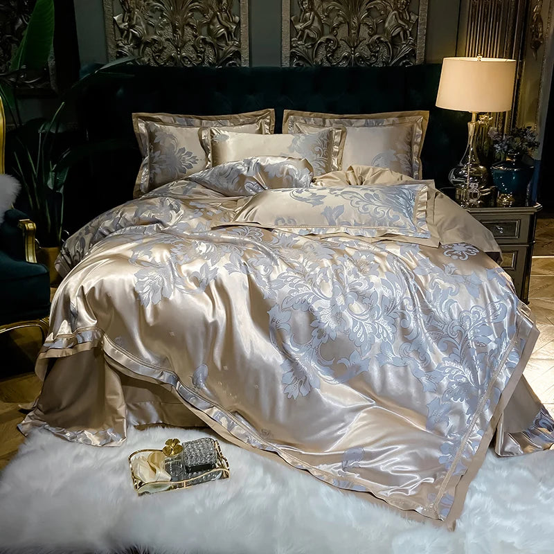Luxury Satin Jacquard Cotton Bedding Set – Blue/Gold/Gray, Queen/King Size
