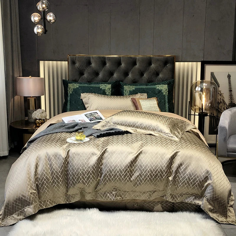 New Luxury Black & Gold Yarn-Dyed Jacquard Bedding Set – Egyptian Cotton, 4 Pieces