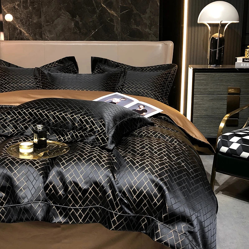 New Luxury Black & Gold Yarn-Dyed Jacquard Bedding Set – Egyptian Cotton, 4 Pieces
