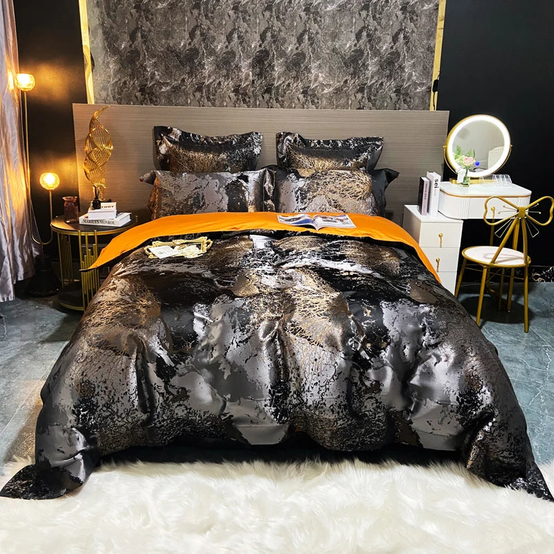 Black & Gold Luxury Jacquard Egyptian Cotton Bedding Set – Satin Finish