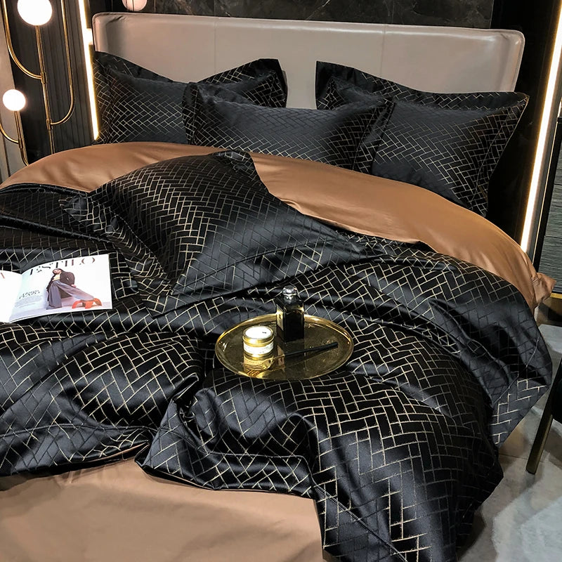 New Luxury Black & Gold Yarn-Dyed Jacquard Bedding Set – Egyptian Cotton, 4 Pieces