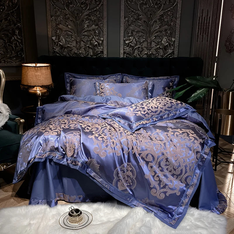 Luxury Satin Jacquard Cotton Bedding Set – Blue/Gold/Gray, Queen/King Size