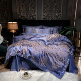 Luxury Satin Jacquard Cotton Bedding Set – Blue/Gold/Gray, Queen/King Size