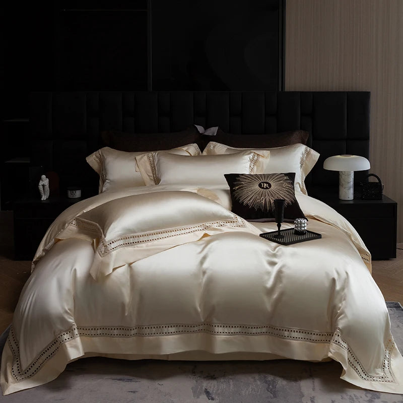1000TC Egyptian Cotton Luxury Bedding Set – Hollow Wide Edge Satin, 4 Pieces (No Fillers)