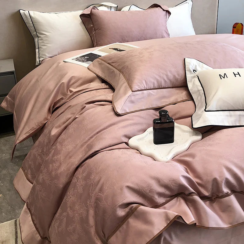 Luxury Satin Jacquard & Egyptian Cotton Patchwork Bedding Set – 4 Pieces
