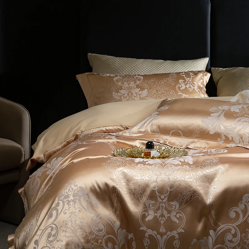 Luxury Satin Jacquard & 60S Cotton Patchwork Bedding Set – 4 Pieces