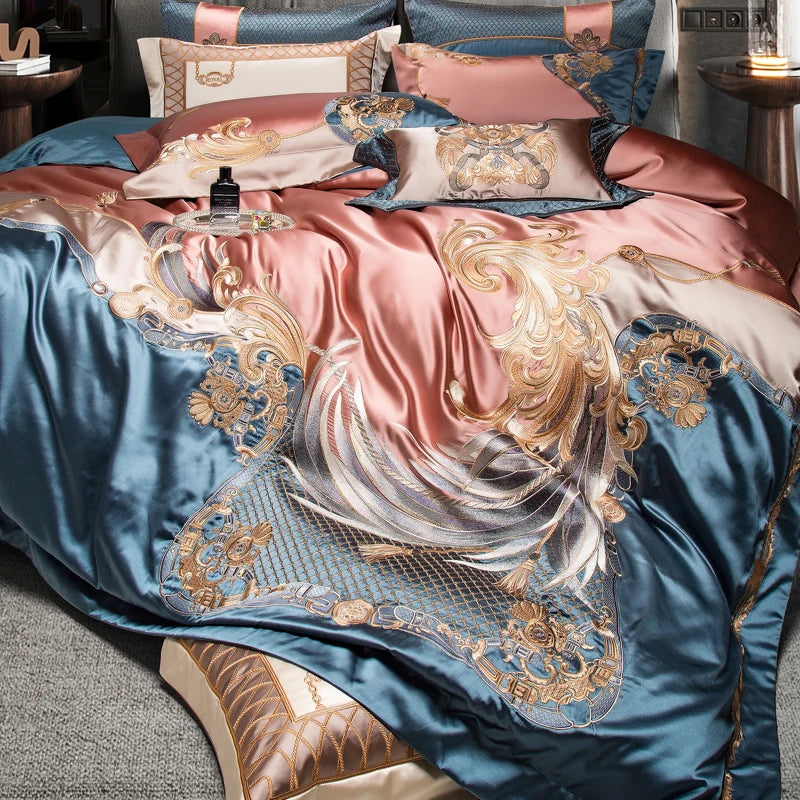 Gorgeous European Palace Style Bedding Set – Gold Embroidery Brocade, Egyptian Cotton, 4/6/10 Pieces