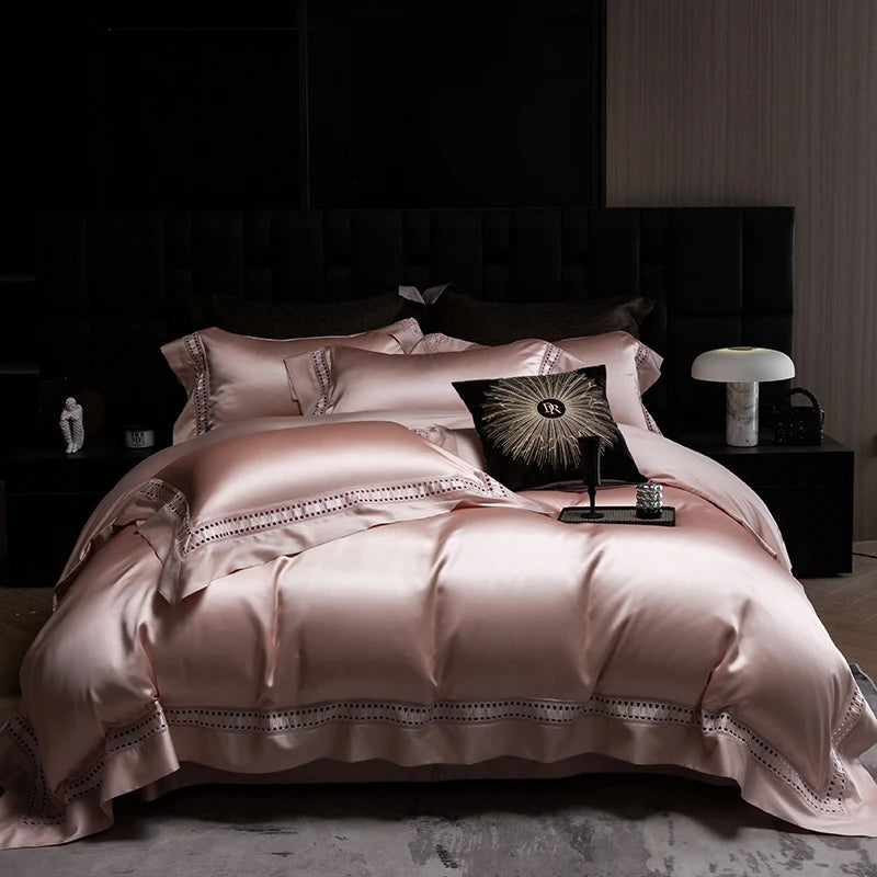 1000TC Egyptian Cotton Luxury Bedding Set – Hollow Wide Edge Satin, 4 Pieces (No Fillers)