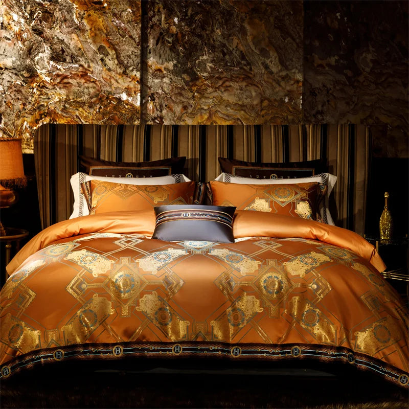 European Luxury Black & Gold Embroidered Brocade Bedding Set – Jacquard Egyptian Cotton, 4/6/10 Pieces
