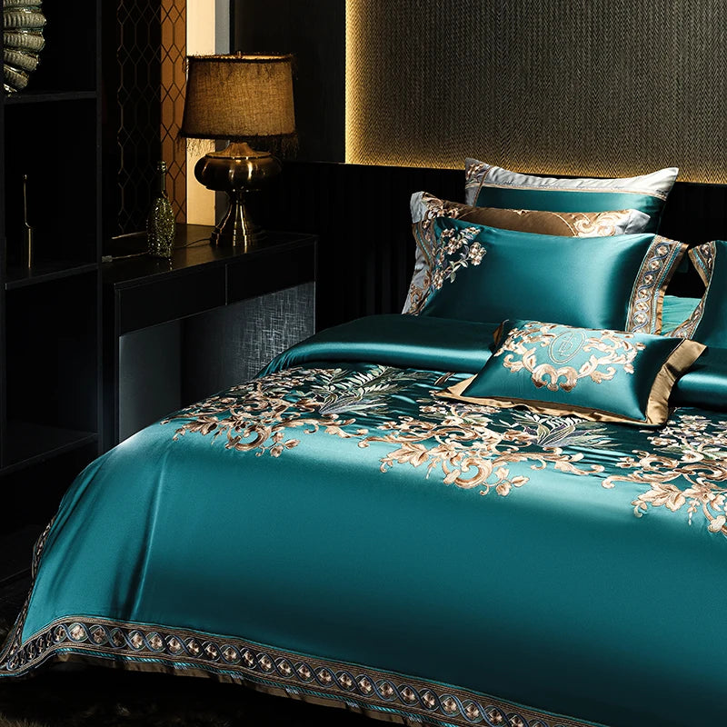 Green & Gold European Vintage Brocade Bedding Set – Embroidered Egyptian Cotton