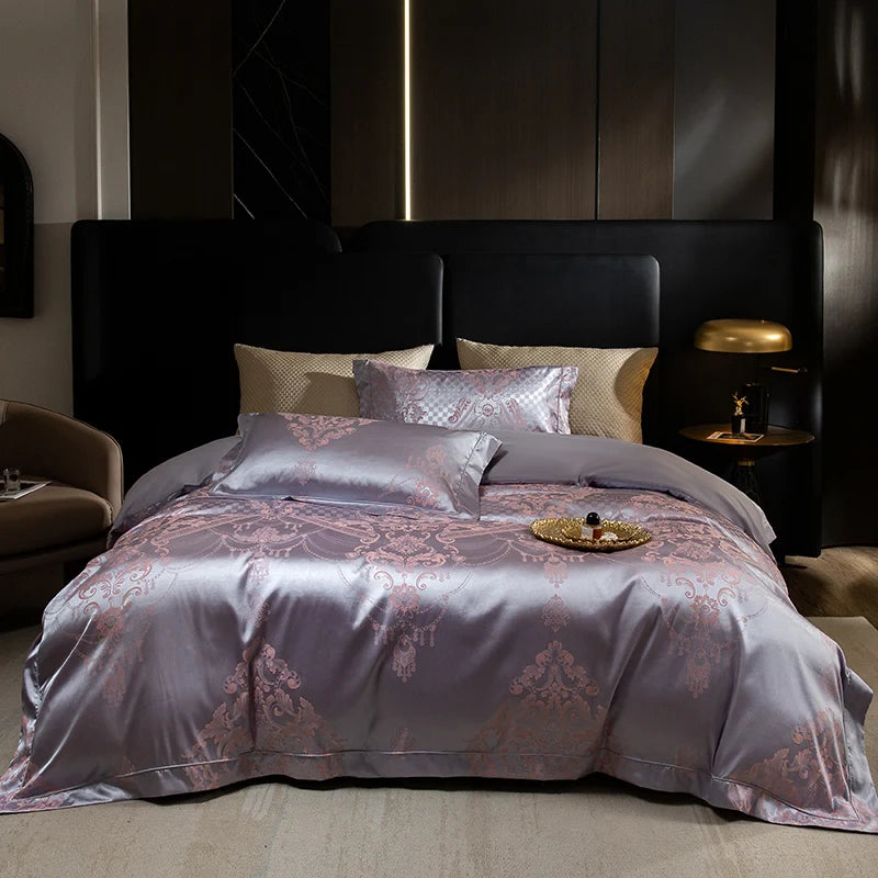 Luxury Satin Jacquard & 60S Cotton Patchwork Bedding Set – 4 Pieces
