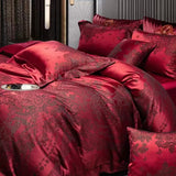 Burgundy Red Luxury Yarn-Dyed Jacquard Bedding Set – 5 Pieces with Decorative Pillow