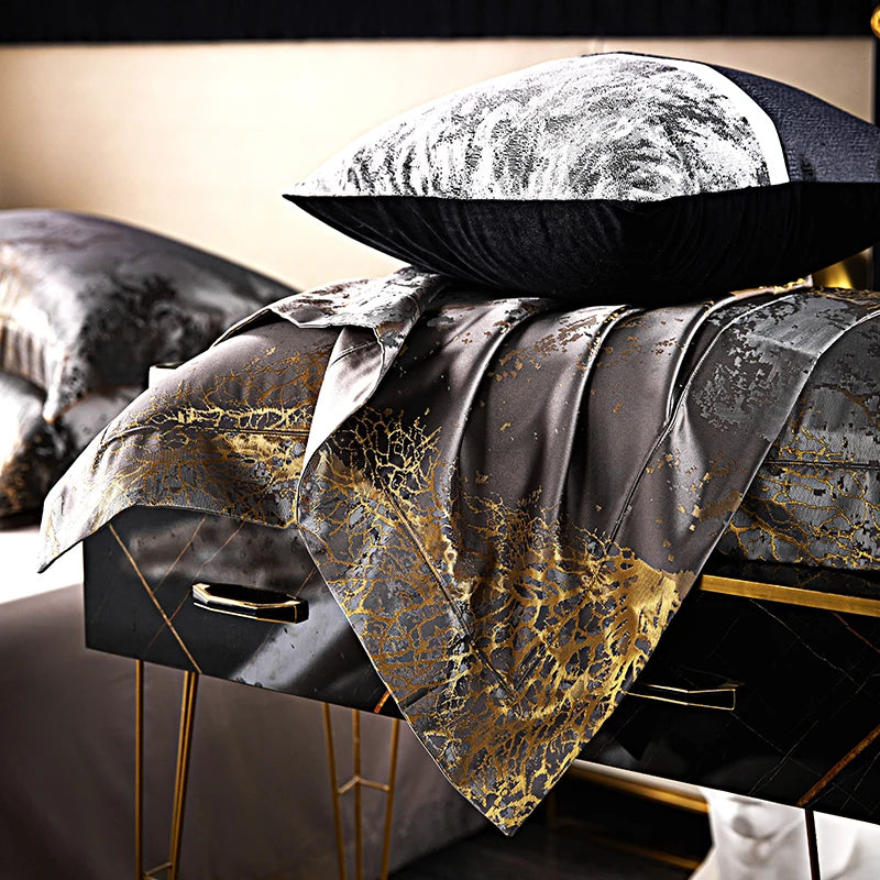 Silver Gray & Gold Satin Jacquard Bedding Set – 1000TC Egyptian Cotton, Queen/King Size