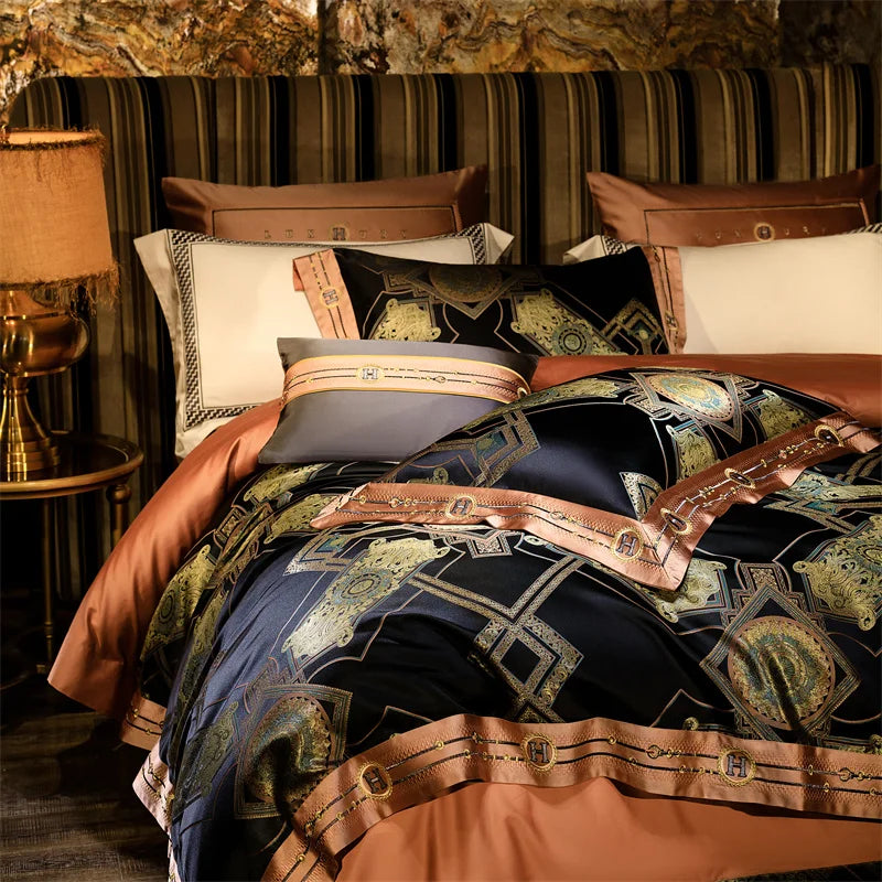 European Luxury Black & Gold Embroidered Brocade Bedding Set – Jacquard Egyptian Cotton, 4/6/10 Pieces