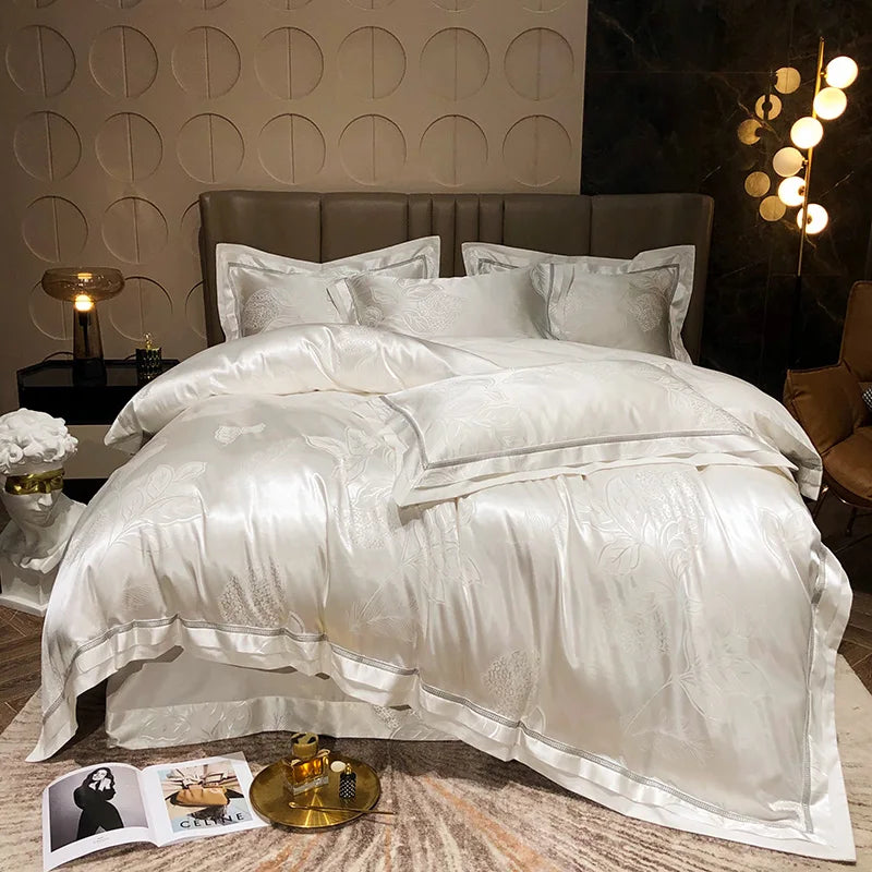 Luxury Satin Jacquard Cotton Bedding Set – Blue/Gold/Gray, Queen/King Size