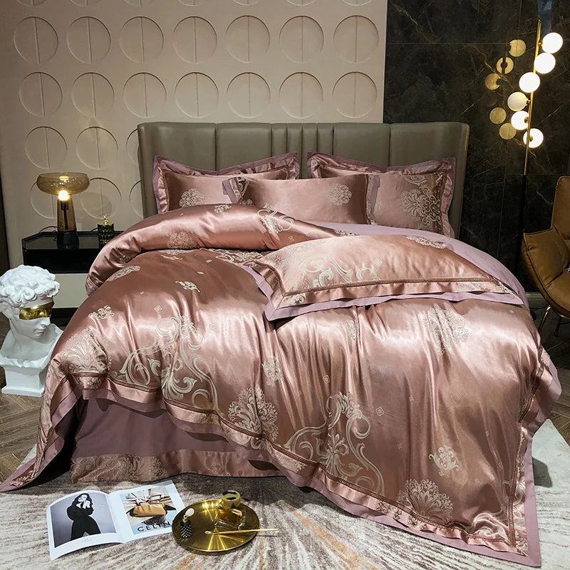 Luxury Satin Jacquard Cotton Bedding Set – Blue/Gold/Gray, Queen/King Size