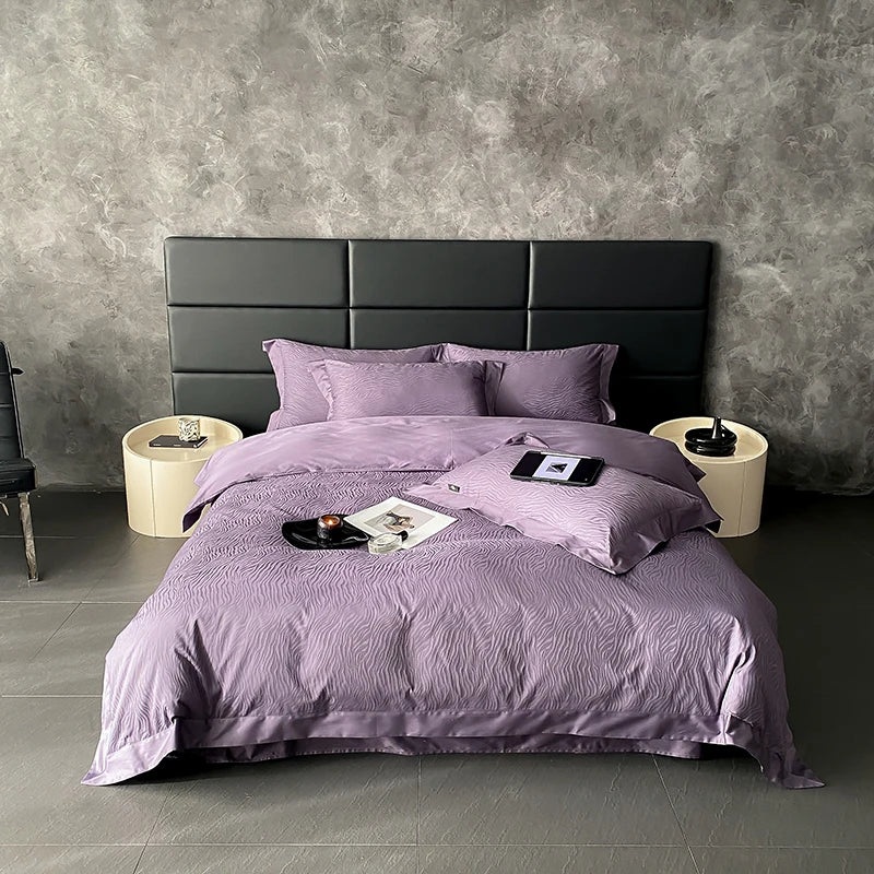 Elegant Purple Floral Jacquard Egyptian Cotton Bedding Set – Luxury Satin Finish