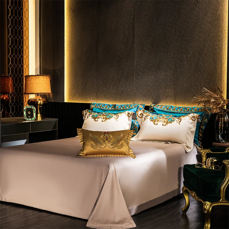 Gold & Blue European Embroidered Brocade Bedding Set – 1200TC Egyptian Cotton, 4/6/9 Pieces