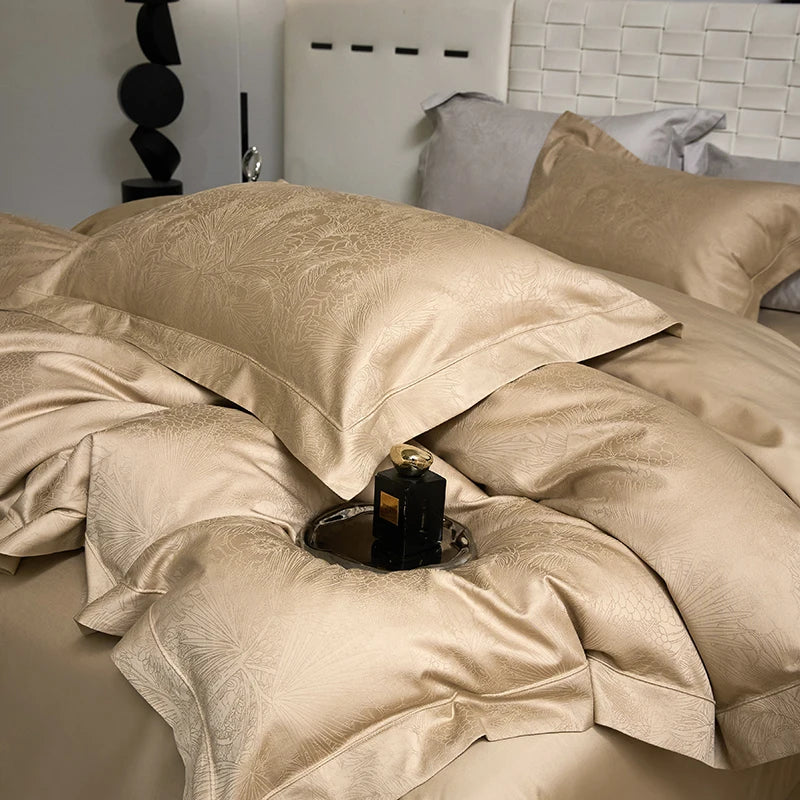Champagne Luxury Jacquard Egyptian Cotton Bedding Set – 4 Pieces, Queen/King Size