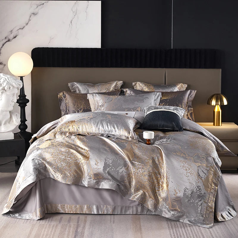 Silver Gray & Gold Satin Jacquard Bedding Set – 1000TC Egyptian Cotton, Queen/King Size