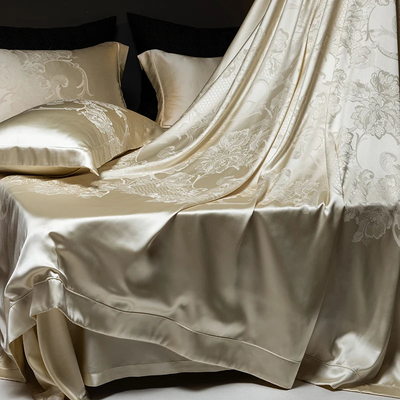 Champagne Gold Silk Jacquard Cotton Bedding Set – European Luxury Style