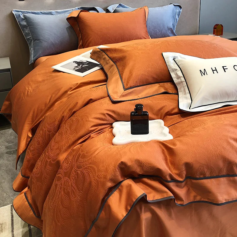 Luxury Satin Jacquard & Egyptian Cotton Patchwork Bedding Set – 4 Pieces