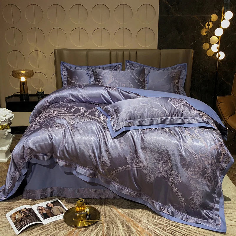 Luxury Satin Jacquard Cotton Bedding Set – Blue/Gold/Gray, Queen/King Size