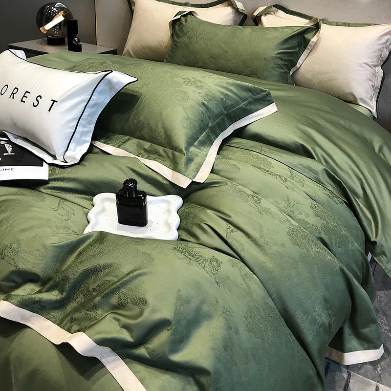 Ink Painting Jacquard Bedding Set – 1000TC Egyptian Cotton Satin, 4 Pieces