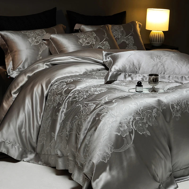 Champagne Gold Silk Jacquard Cotton Bedding Set – European Luxury Style