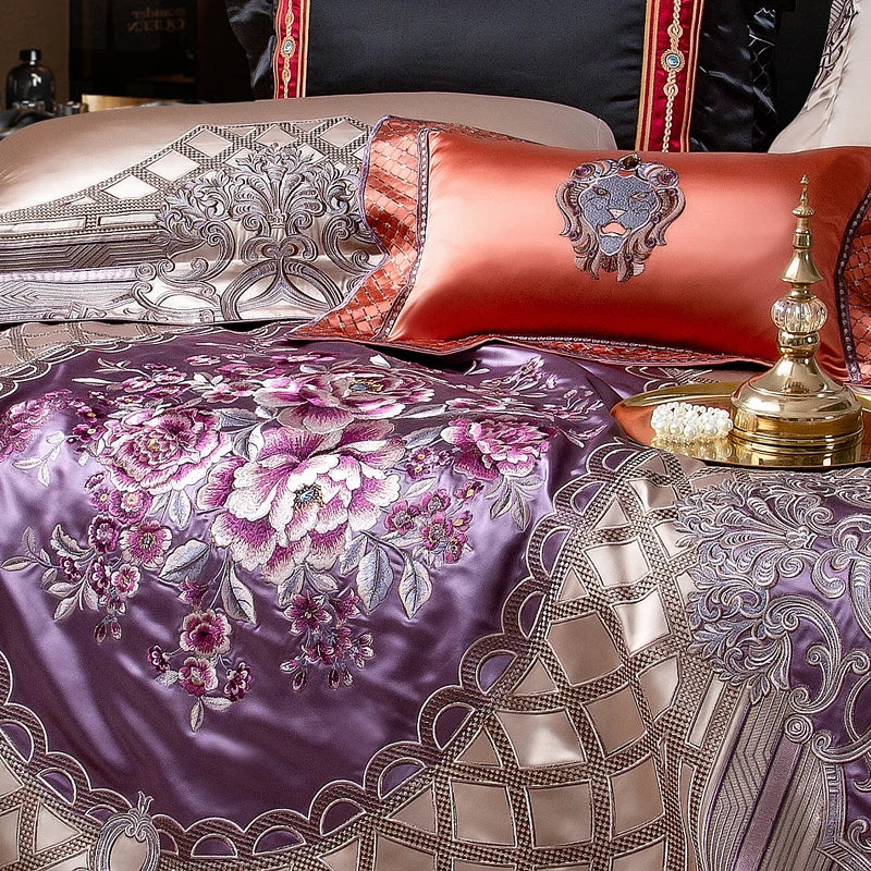 European Palace Style Bedding Set – Purple Floral Embroidery, Brocade Egyptian Cotton