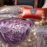 European Palace Style Bedding Set – Purple Floral Embroidery, Brocade Egyptian Cotton