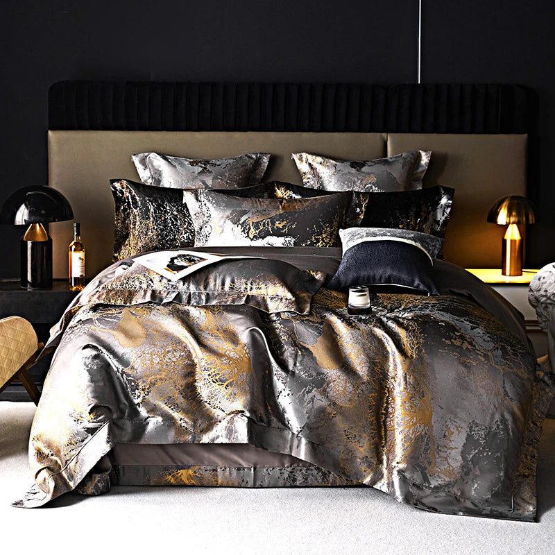 Silver Gray & Gold Satin Jacquard Bedding Set – 1000TC Egyptian Cotton, Queen/King Size
