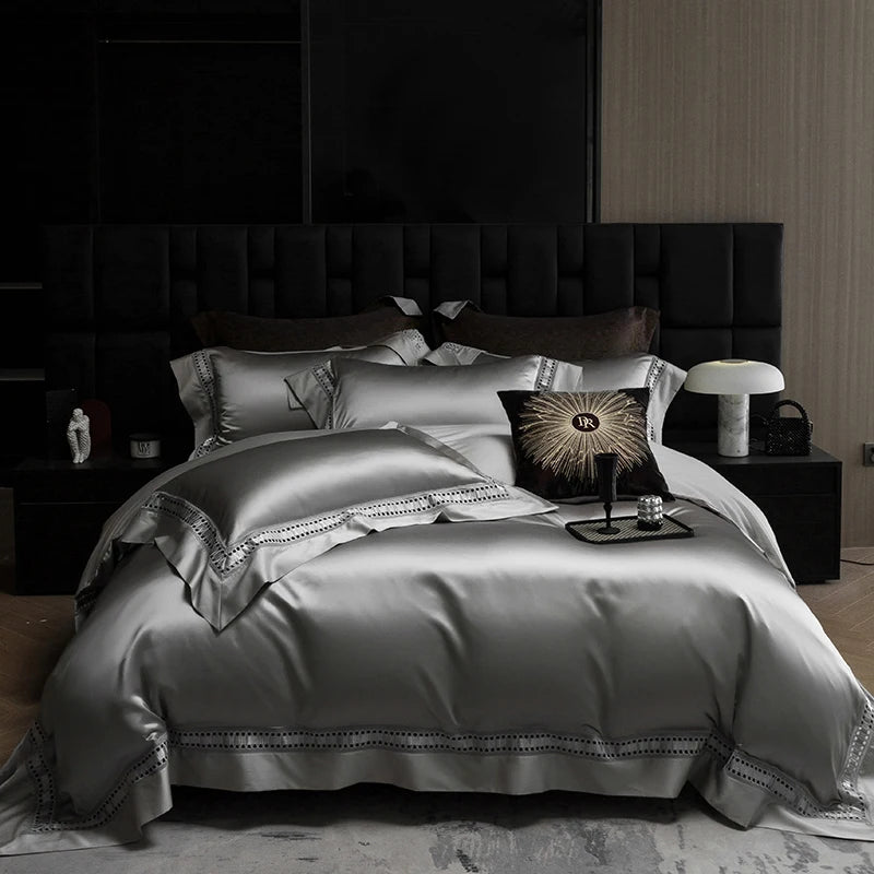 1000TC Egyptian Cotton Luxury Bedding Set – Hollow Wide Edge Satin, 4 Pieces (No Fillers)