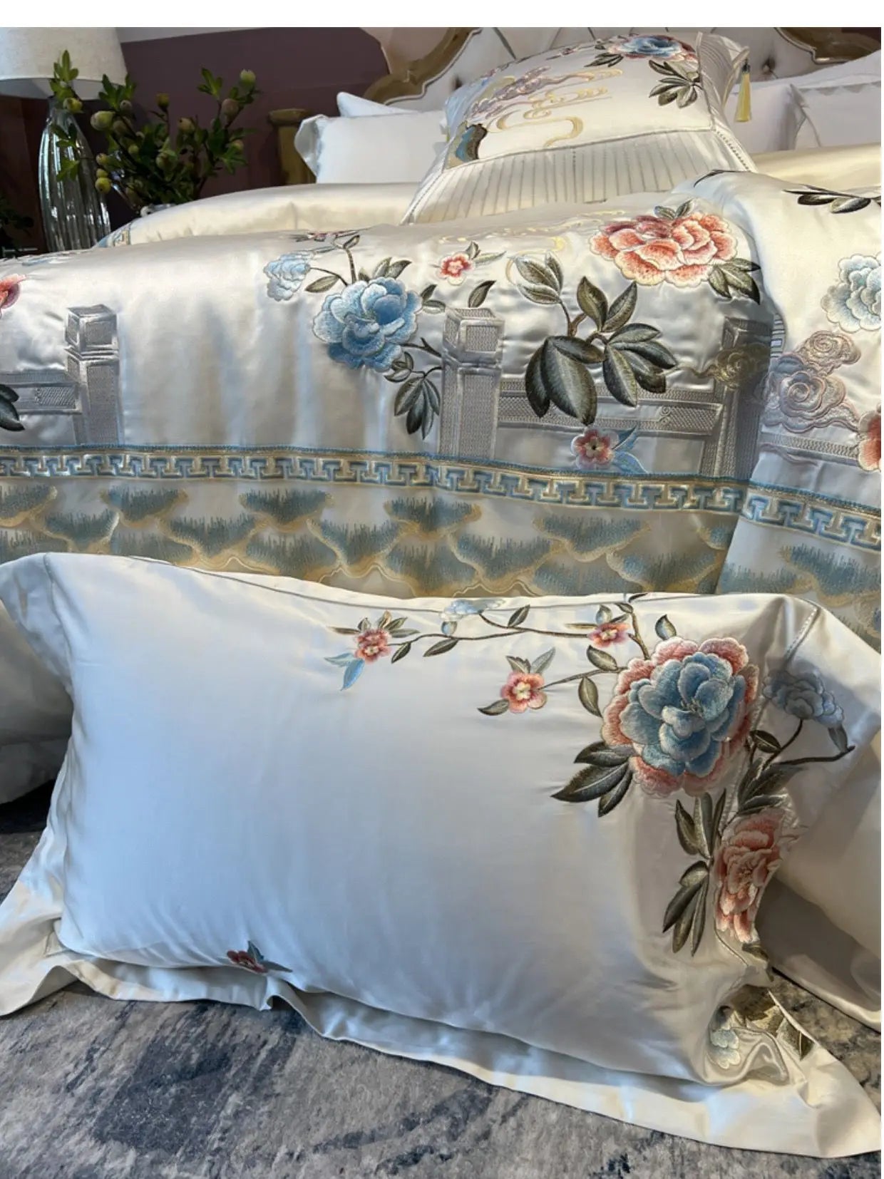 Peony Embroidered Brocade Bedding Set – High Precision Egyptian Cotton