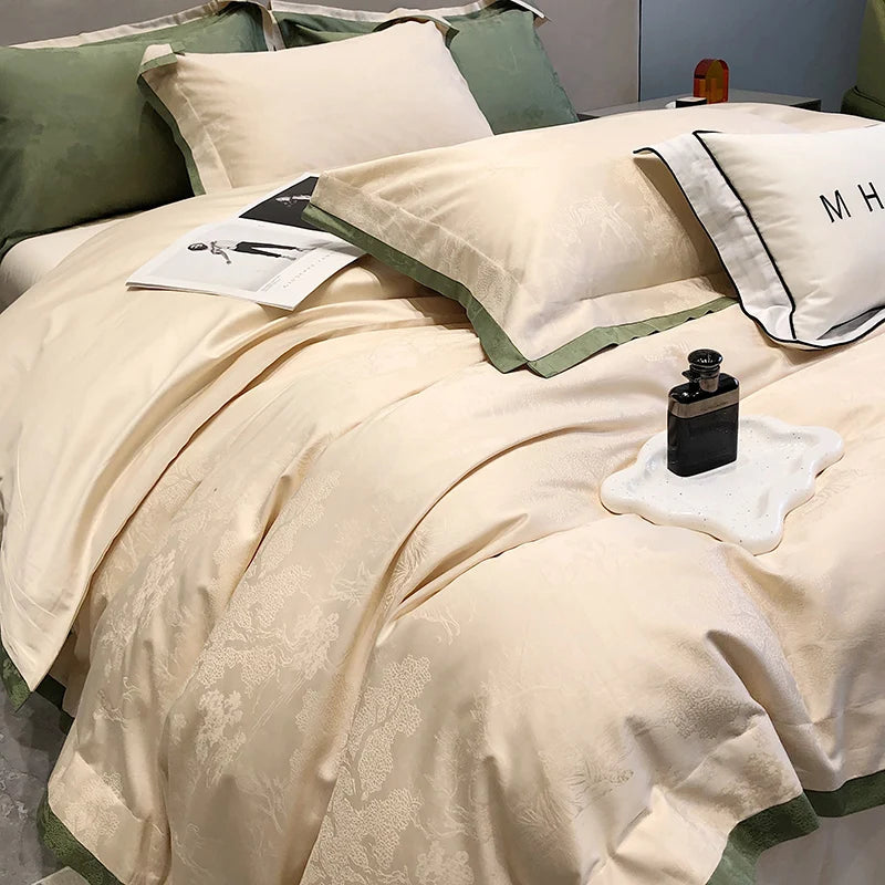 Ink Painting Jacquard Bedding Set – 1000TC Egyptian Cotton Satin, 4 Pieces