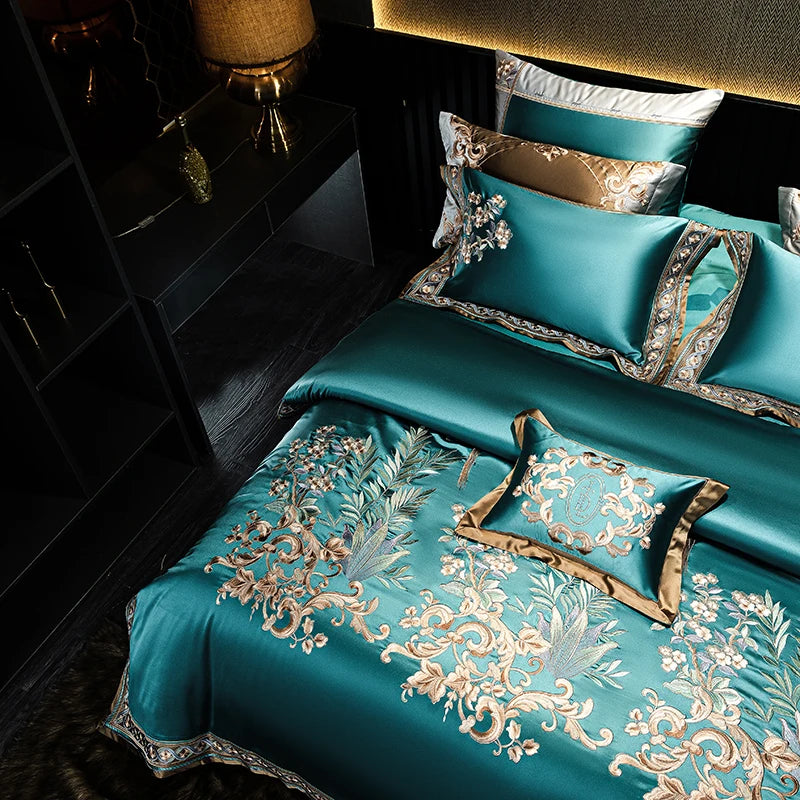 Green & Gold European Vintage Brocade Bedding Set – Embroidered Egyptian Cotton