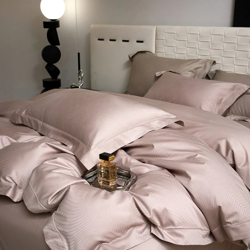 Champagne Luxury Jacquard Egyptian Cotton Bedding Set – 4 Pieces, Queen/King Size