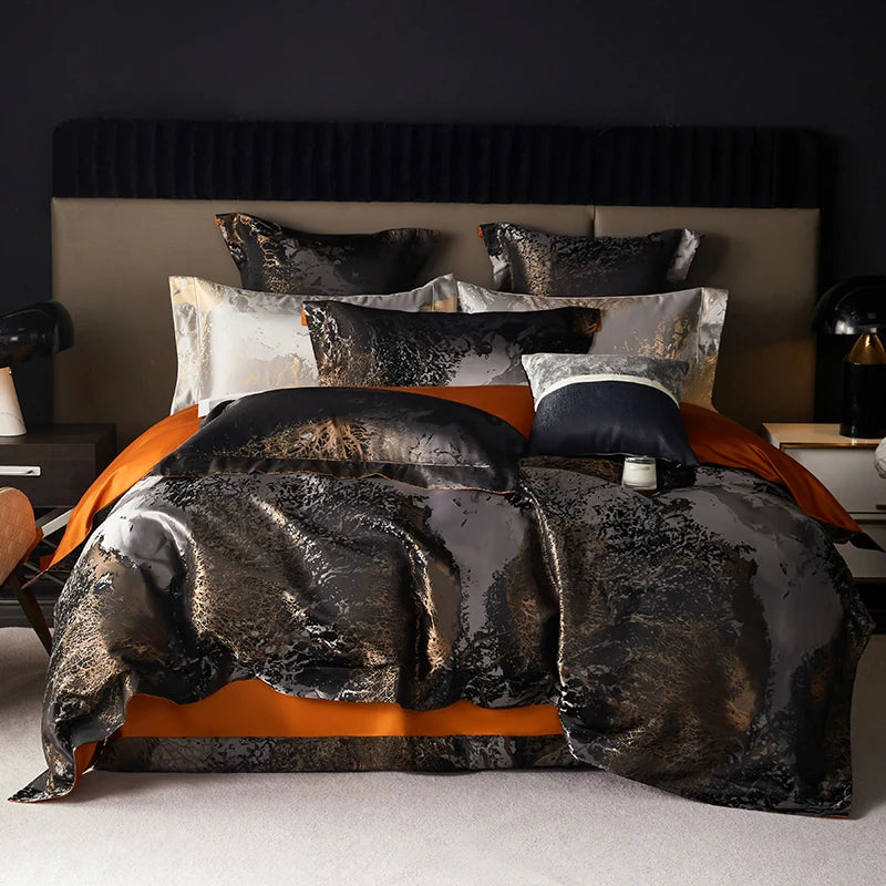 Silver Gray & Gold Satin Jacquard Bedding Set – 1000TC Egyptian Cotton, Queen/King Size