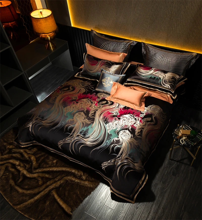 Black & Gold European Vintage Brocade Bedding Set – Embroidered Egyptian Cotton
