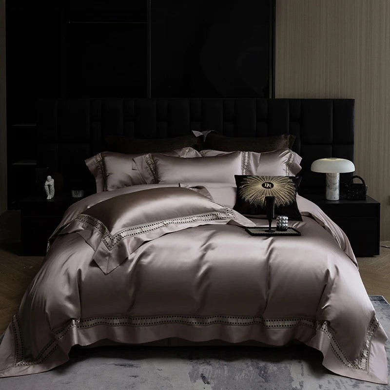 1000TC Egyptian Cotton Luxury Bedding Set – Hollow Wide Edge Satin, 4 Pieces (No Fillers)